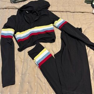 Black Hoodie and Leggings Set with Stripes